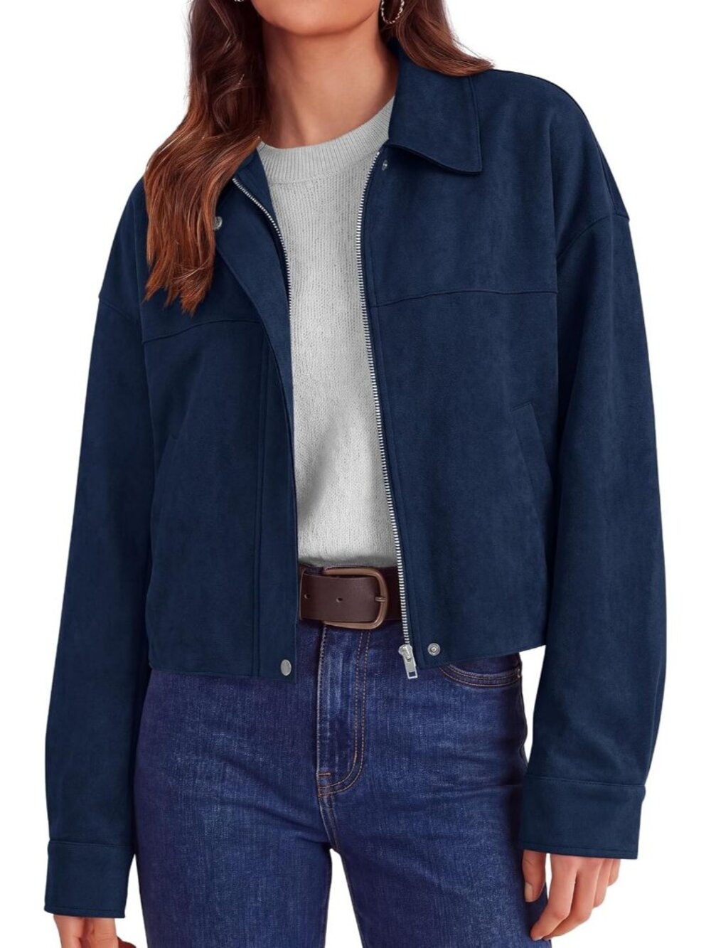 Women's Navy Faux Suede Fall Zip Up Oversized Casual Shacket Cropped Jacket